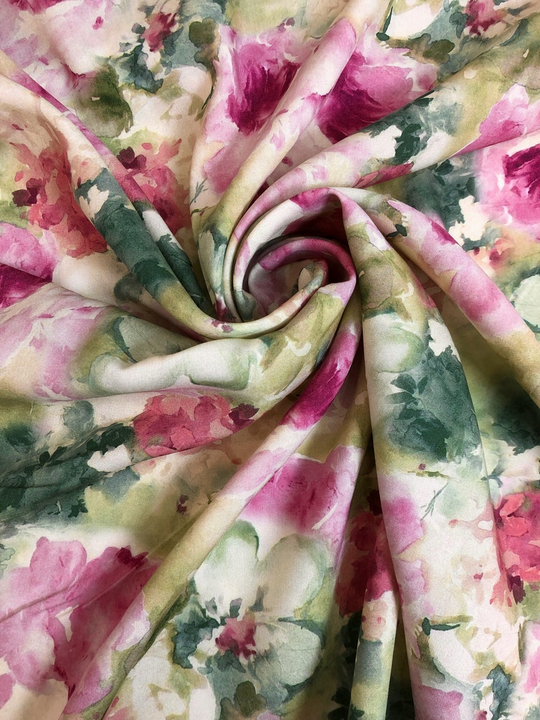 Штапель принт цветы акварель розовый/зеленый на кремовом D14C1
