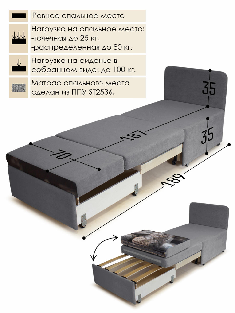 Кресло-кровать "Миник" 70 см, купон Котенок в клубках