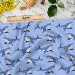 Ткань оксфорд 210 киты на голубом фоне