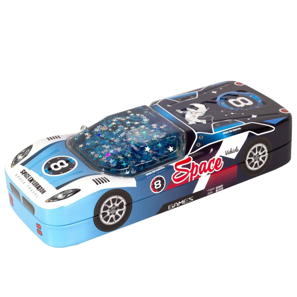 Пенал металлический машина 2 отделения Alingar, таблица умножения, звездочки в жидкости, 85 х 250 мм, "Space vehicle", синий (машинка с космонавтом)