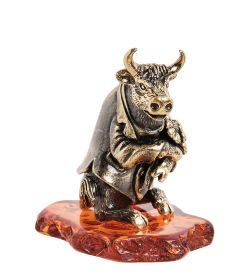 AM- 965 Фигурка «Бык с букетом» (латунь, янтарь)