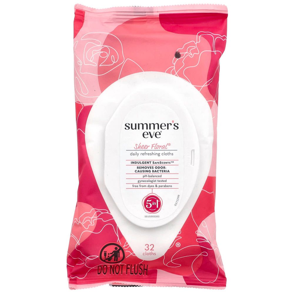 Summer's Eve, Ежедневные освежающие салфетки 5 в 1, Sheer Floral®, 32 вида салфеток