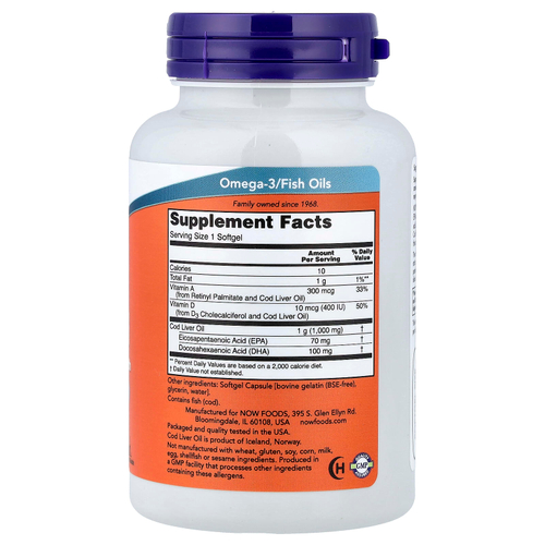 NOW Foods, жир печени трески, 1000 мг, 90 капсул