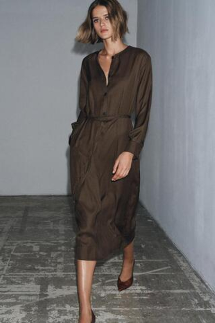 ZARA ПЛАТЬЕ В ГОРОШЕК С ПОЯСОМ — ZW COLLECTION, КОРИЧНЕВЫЙ