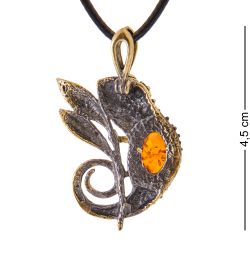 AM-3407 Подвеска «Хамелеон на ветке» (латунь, янтарь)