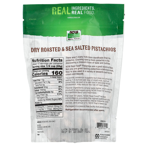 NOW Foods, Real Food, фисташки, сухой обжарки, с морской солью, 340 г (12 унций)