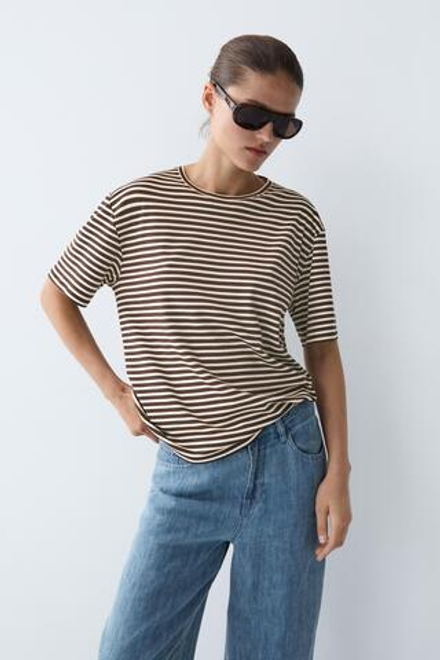 Massimo Dutti Хлопковая футболка в полоску с короткими рукавами, коричневый