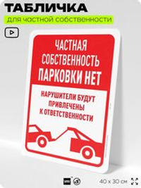 Табличка для частной территории "Частная собственность, парковки нет", на дом, для участка, организаций, предупреждающая, 40х30 см, Silver Plane x Айдентика Технолоджи