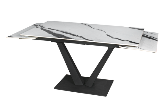 Стол "МАЛИБУ" 140-220х85, керамика Panda White глянц.,R-6, опора черный муар