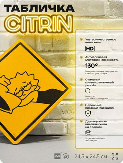 Табличка декоративная "Лиза Симпсон на подушке" из сериала Симпсоны, на дверь и стену, прикольная штука в подарок фанату, декоративный знак ЦИТРИН, 24,5х24,5 см, пластиковая, Айдентика Технолоджи
