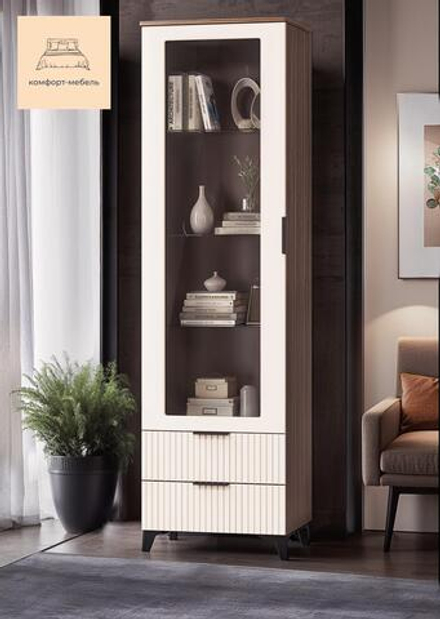 Шкаф-витрина стеклянный в гостиную Бисквит/Дуб табачный, Тоскана, 60х44,6х215 см