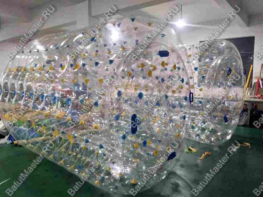 Аттракцион Водный роллер (Гидророллер) "Прозрачный с желто-синими держателями" ТПУ 2.6*2.2*2.2 м