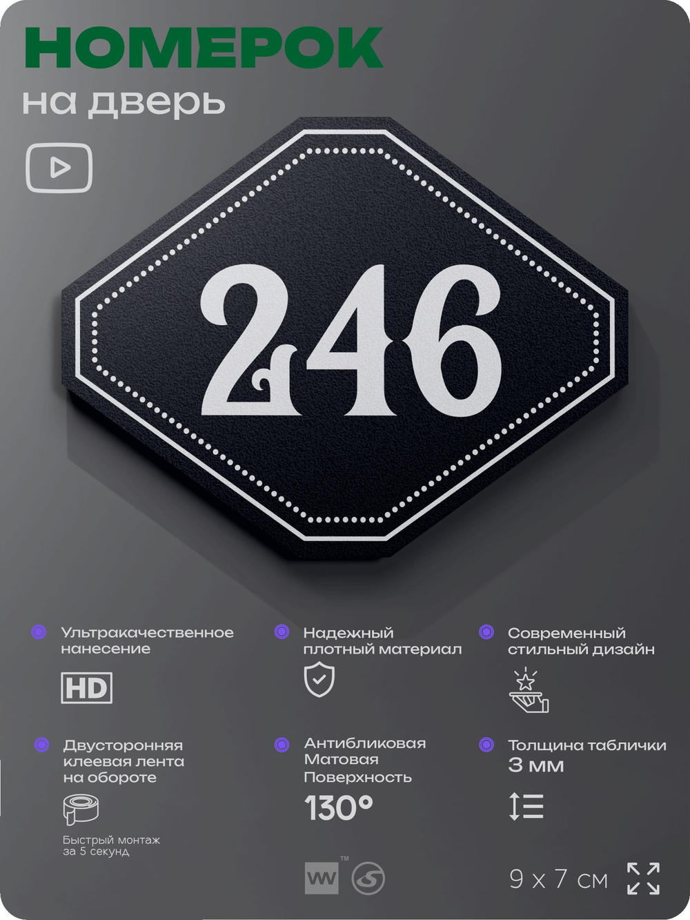 Номерок на дверь квартиры 246, для кабинета, офиса, шильдик 9 х 7 см, черный, Айдентика Технолоджи