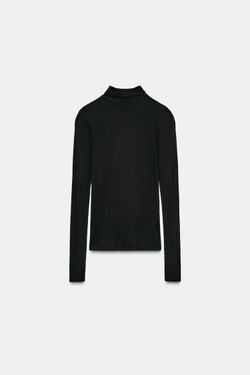 ZARA ФУТБОЛКА С ВОРОТНИКОМ-СТОЙКОЙ, ЧЕРНЫЙ