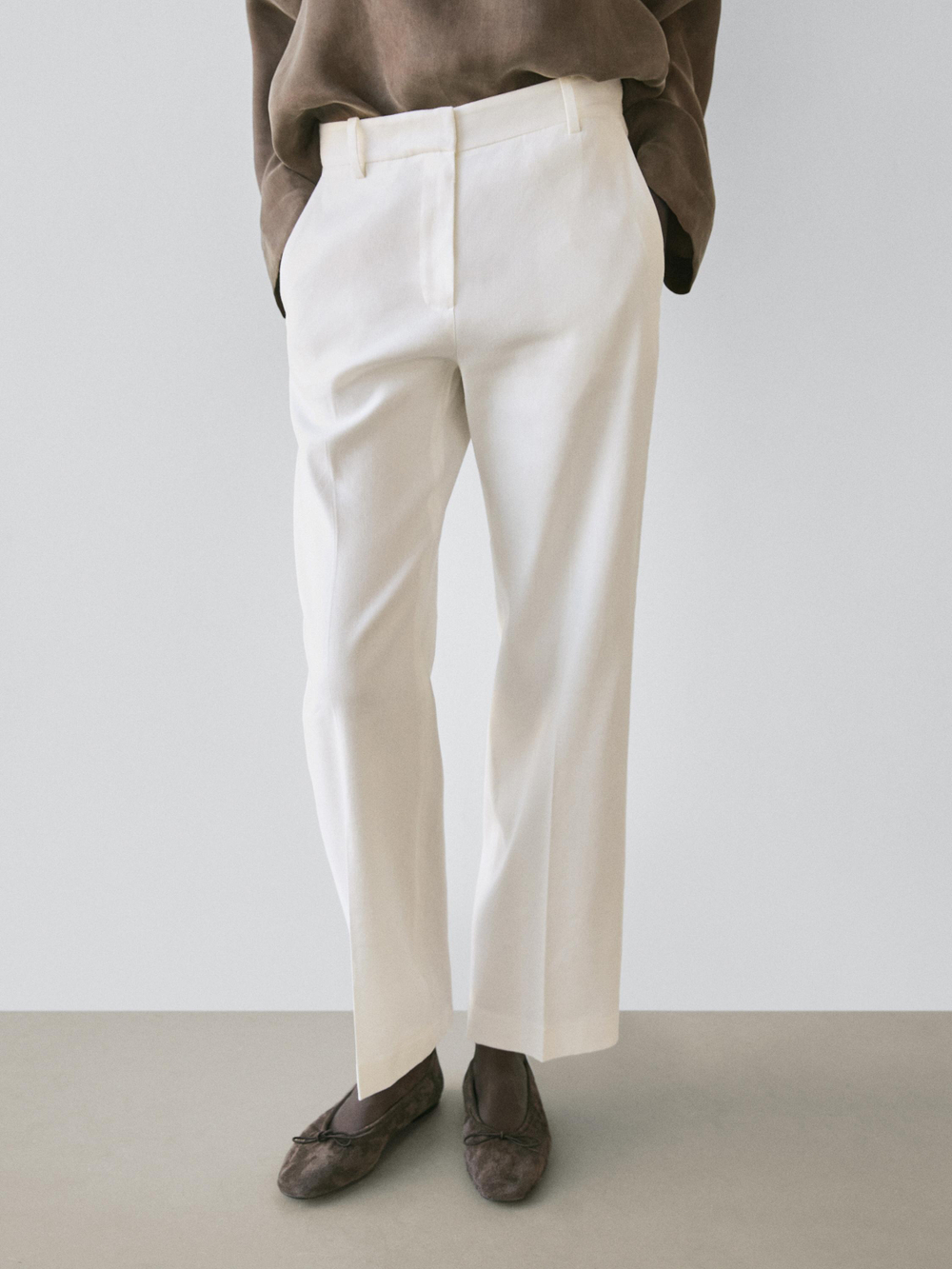 Massimo Dutti Брюки прямого кроя из смесового льна, белый