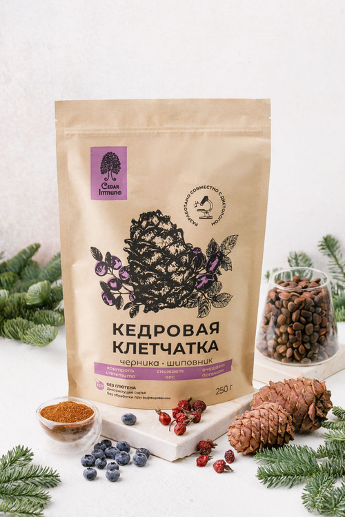 Кедровая клетчатка с ЧЕРНИКОЙ и ШИПОВНИКОМ / Cedar Immuno / дой-пак / 250 г / ТМСибирский кедр