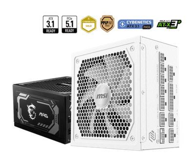 Блок питания MSI 1000W, MAG A1000GL PCIE5 WHITE, Full Modular, ATX, 80+ GOLD, 90%, Fan 135mm, Белый
