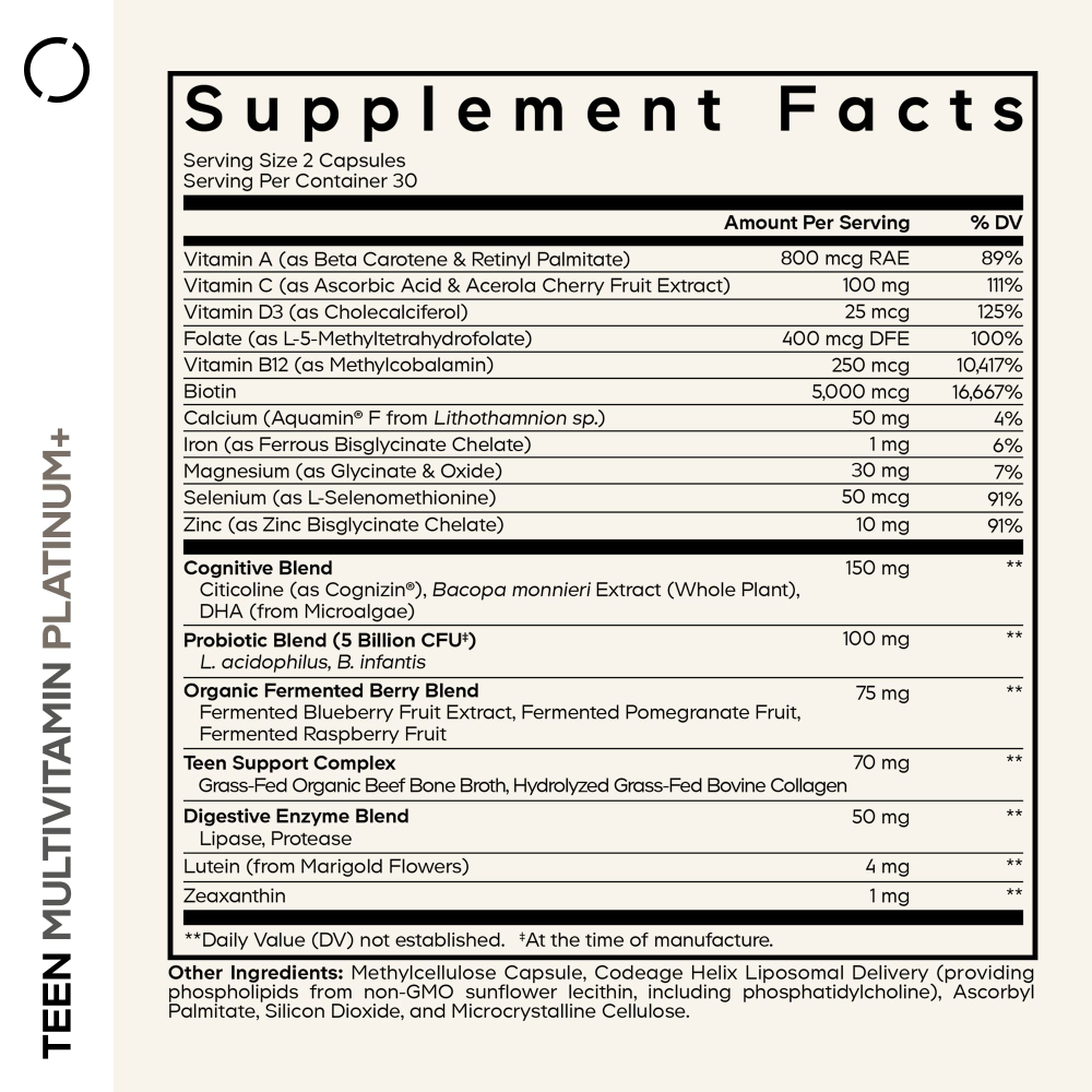 Codeage, Teen Multivitamin+, Platinum, 60 растительных капсул