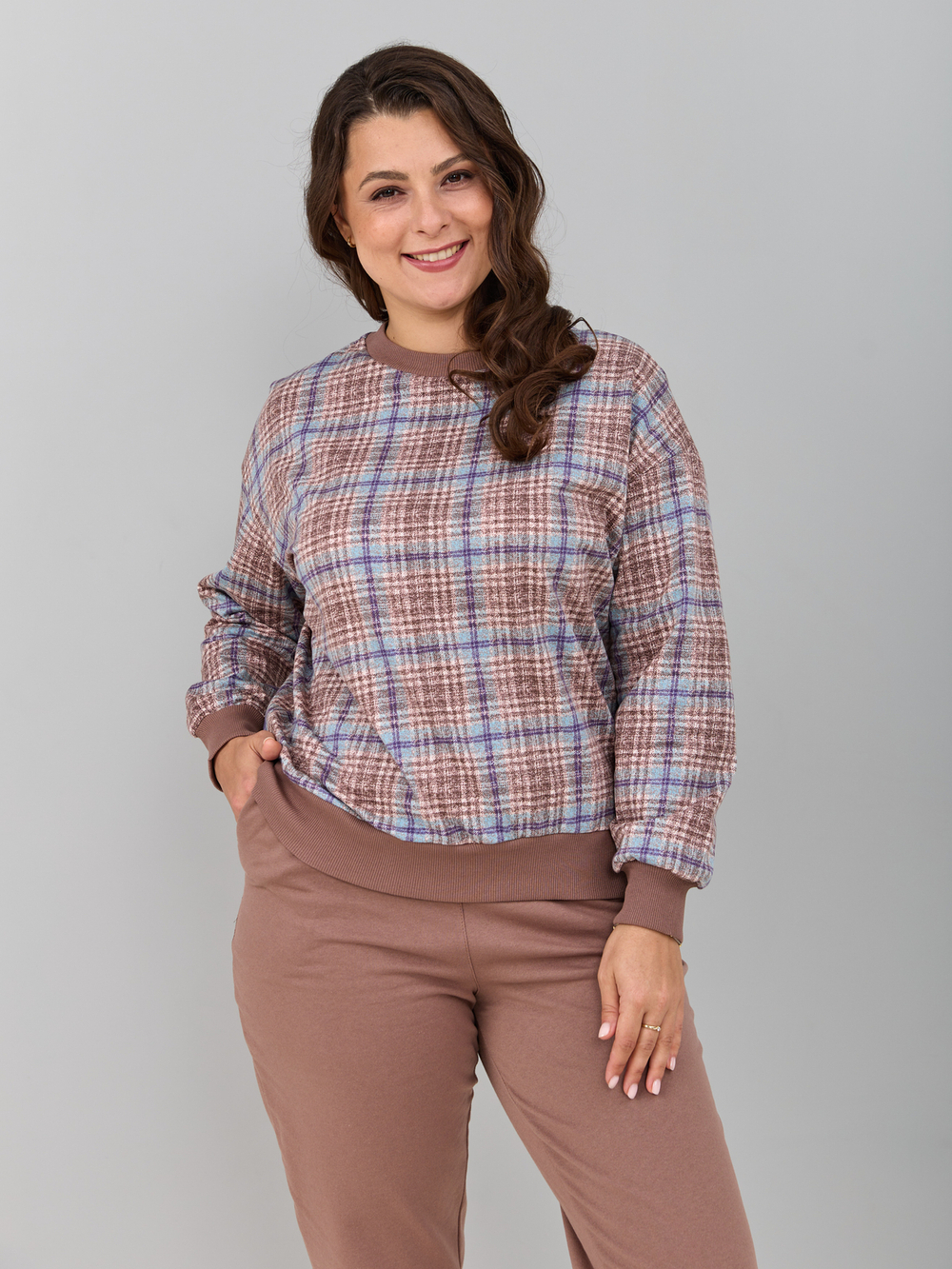 Костюм с брюками КБ-90М/клеткабеж-бирюза