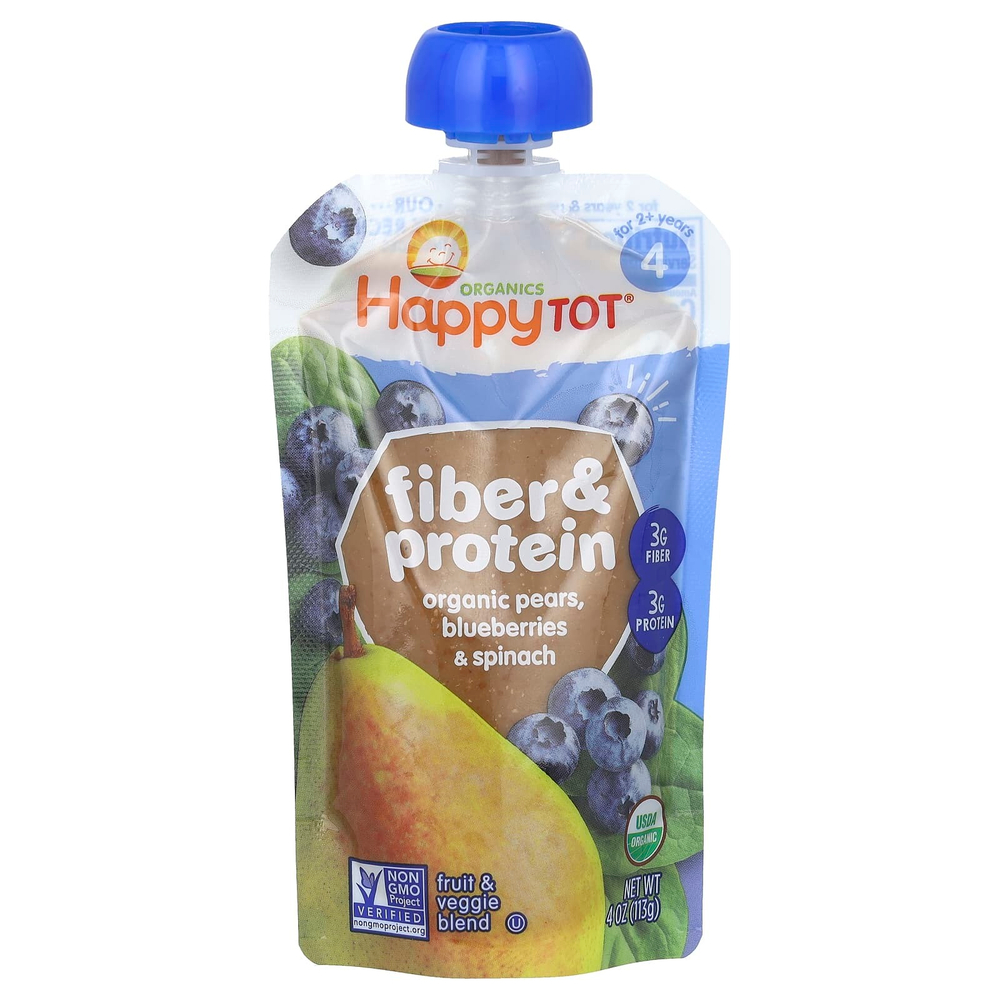 Happy Family Organics, Happytot, клетчатка и протеин, органические груши, голубика и шпинат, 113 г (4 унции)