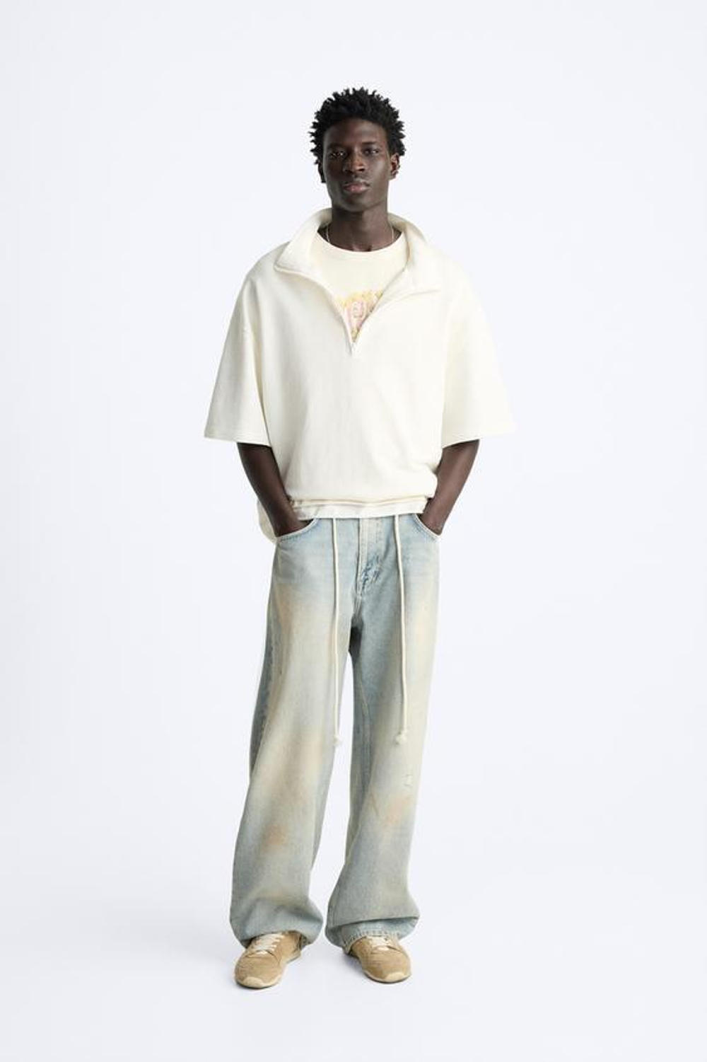 ZARA ТОЛСТОВКА С КОРОТКОЙ ЗАСТЕЖКОЙ-МОЛНИЕЙ, ЖЕЛТОВАТО-БЕЛЫЙ