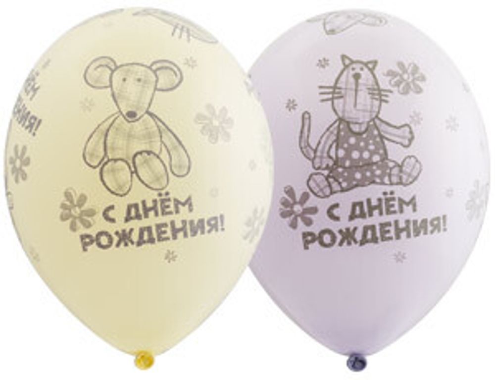 Шар (14"/36 см) Шелкография пастель, ДР Зверюшки-игрушки 25 шт.