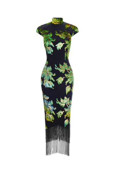 Платье миди из бархата деворе с бисерной бахромой