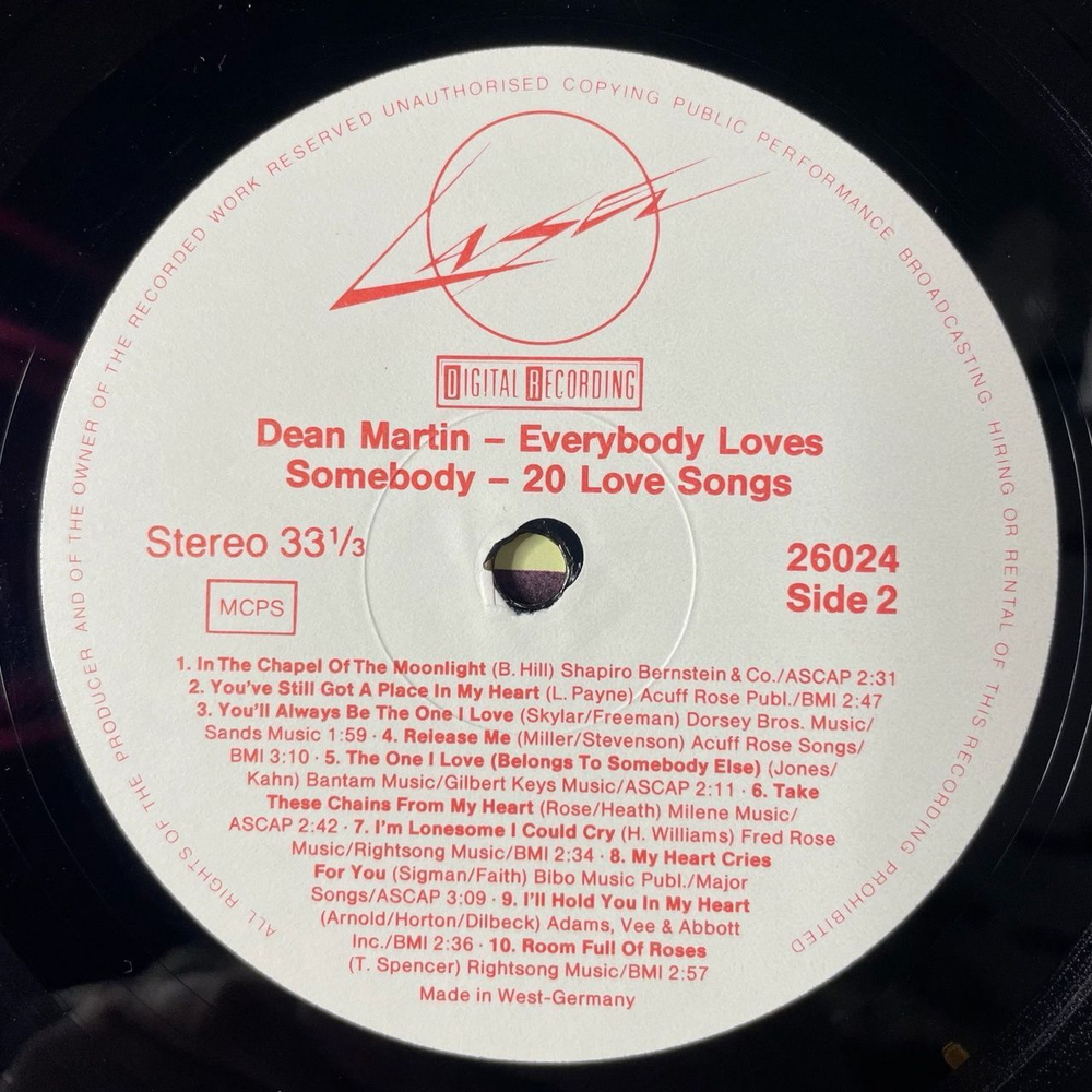 Винтажная виниловая пластинка LP Dean Martin Everybody Loves Somebody (20 Love Songs) (Germany 1987)