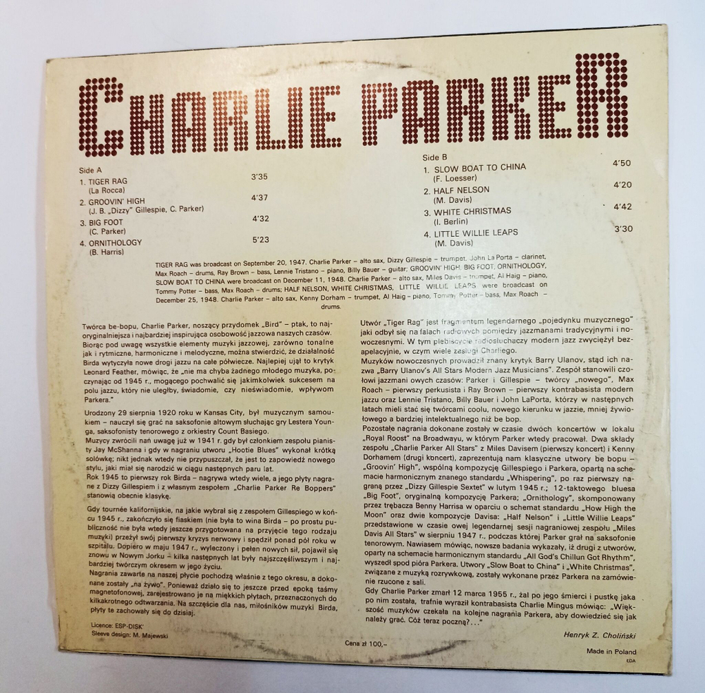 Винтажная виниловая пластинка LP Charlie Parker Live Performances (Польша 1978)