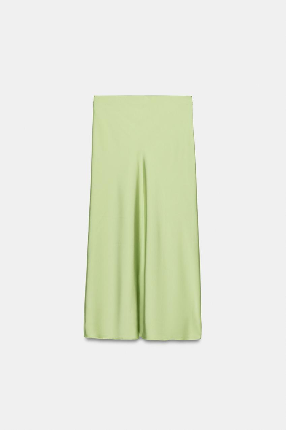ZARA АТЛАСНАЯ ЮБКА МИДИ, ЯБЛОЧНО-ЗЕЛЕНЫЙ