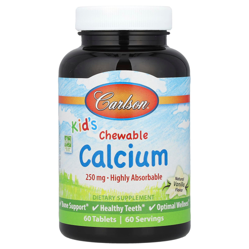 Carlson, Жевательные таблетки с кальцием для детей, с натуральным ванильным вкусом, 250 мг, 60 таблеток