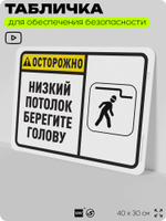 Табличка для обеспечения безопасности "Осторожно, низкий потолок, берегите голову", для офиса, по охране труда для предприятия, организаций, 40х30 см, Silver Plane x Айдентика Технолоджи