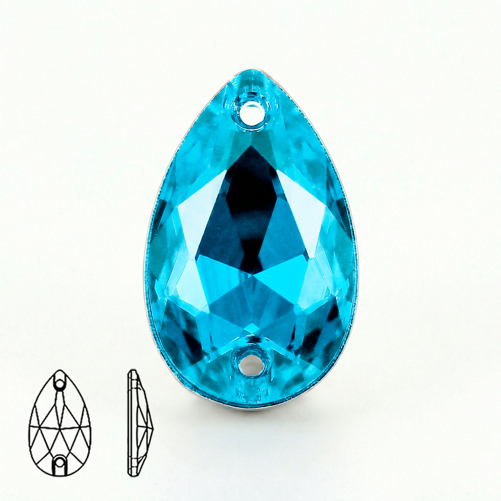 Пришивные стеклянные стразы (Aquamarine / Аквамарин, форма “капля” / Teardrop)