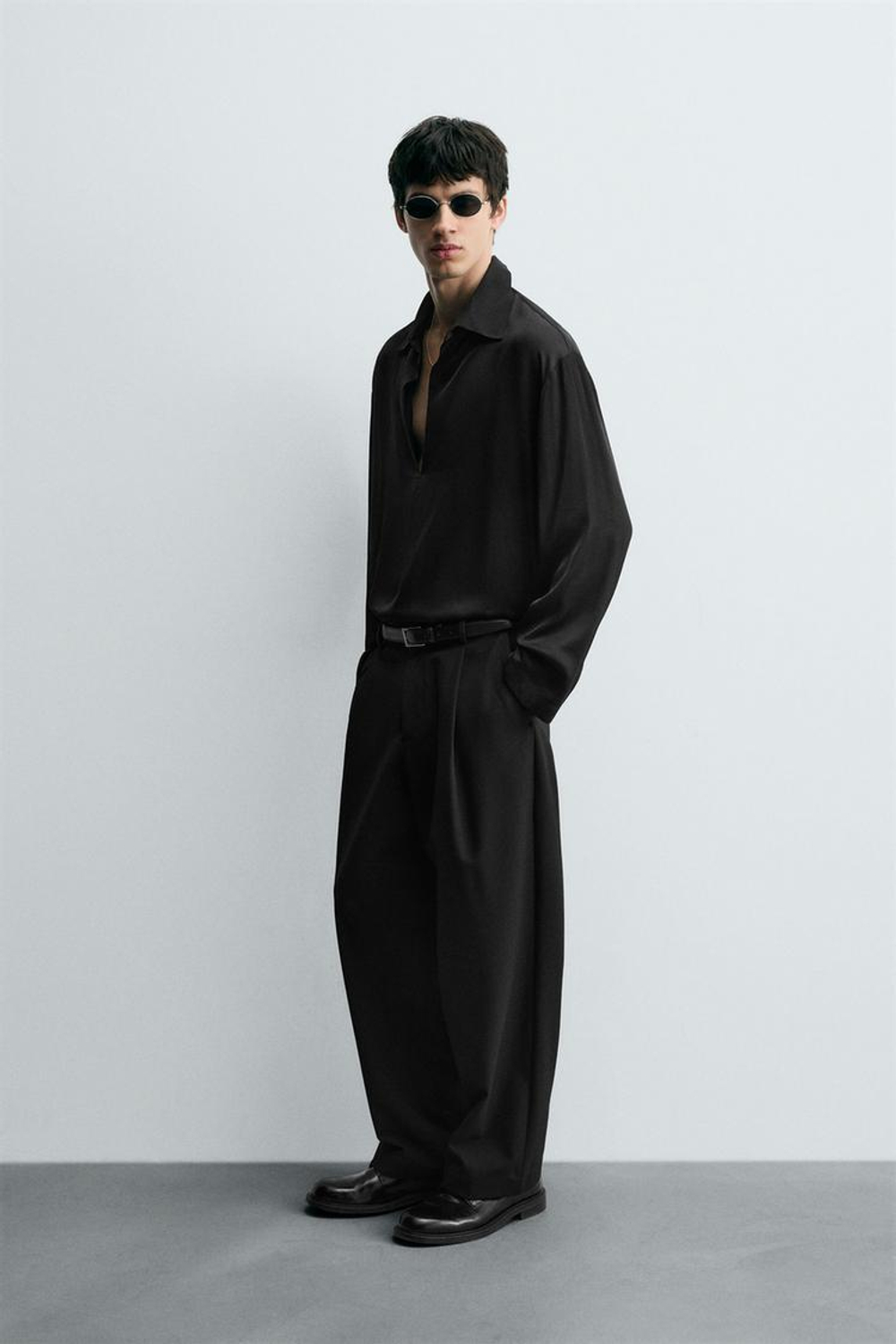 ZARА АТЛАСНАЯ РУБАШКА-ПОЛО, ЧЕРНЫЙ