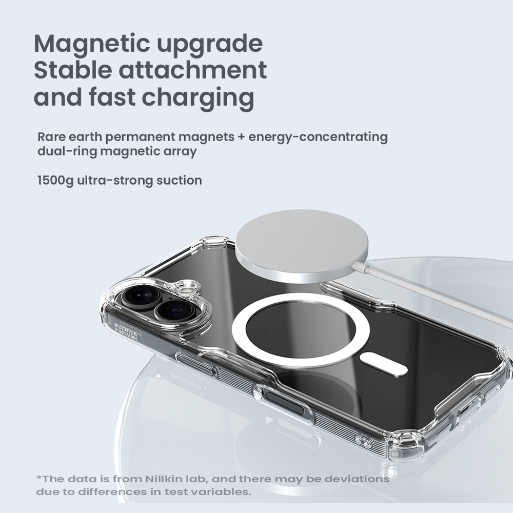 Прозрачный чехол с синими рамками от Nillkin с поддержкой MagSafe для iPhone 16, серия Nature TPU Pro Magnetic Case