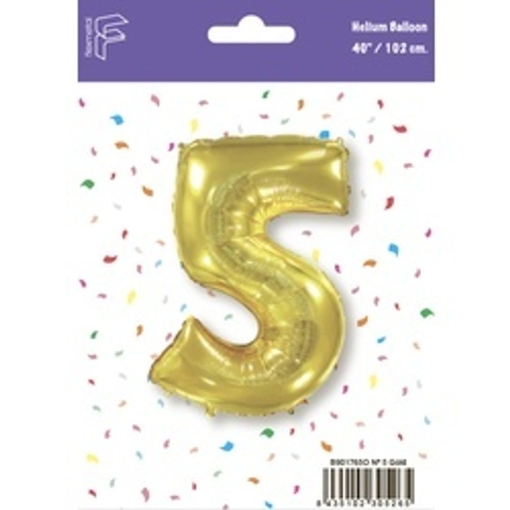 Шар (40"/102 см) Цифра, 5, Золото, 1 шт. в упак.