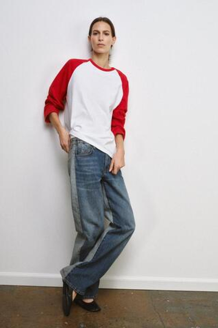 ZARA ФУТБОЛКА С ДЛИННЫМИ РУКАВАМИ И КОНТРАСТНЫМИ ЭЛЕМЕНТАМИ, БЕЛЫЙ/КРАСНЫЙ