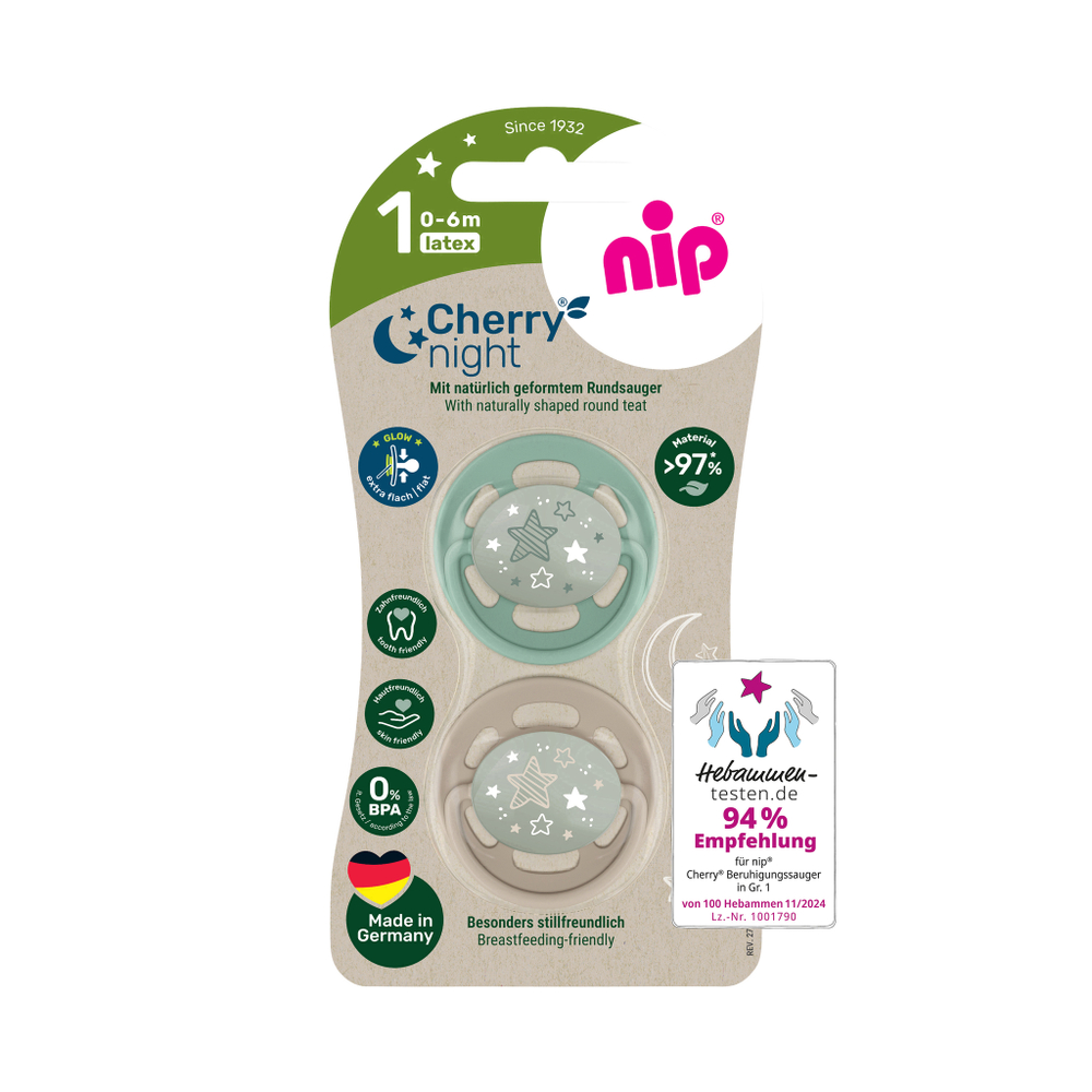 NIP Соска пустышка, латекс "Cherry Green Night", размер 1 (0-6) зелёный/коричневый