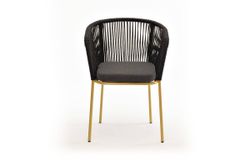 "Марсель" стул плетеный из роупа, каркас из стали золотой глянец, роуп темно-серый круглый, ткань серая