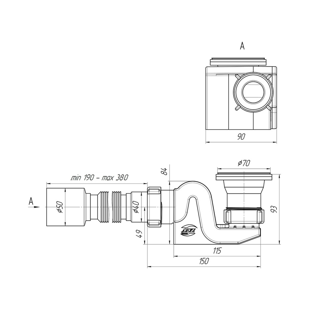 Сифон для душ. поддона 40*40 с гофрой 40*50 Ani "Бриг" Е615 АНИ пласт