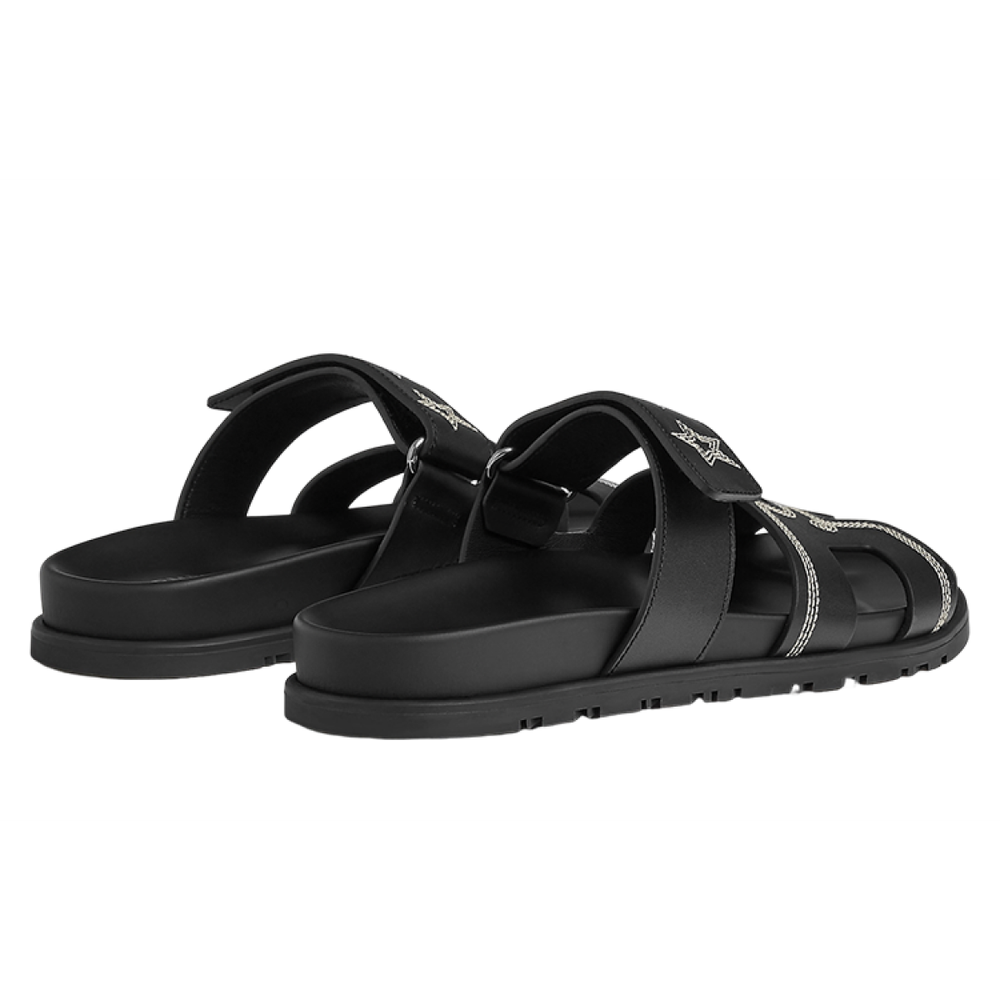 Hermes Chypre Leather Round Toe Open Toe Slippers Women's Black, H232142Z 02