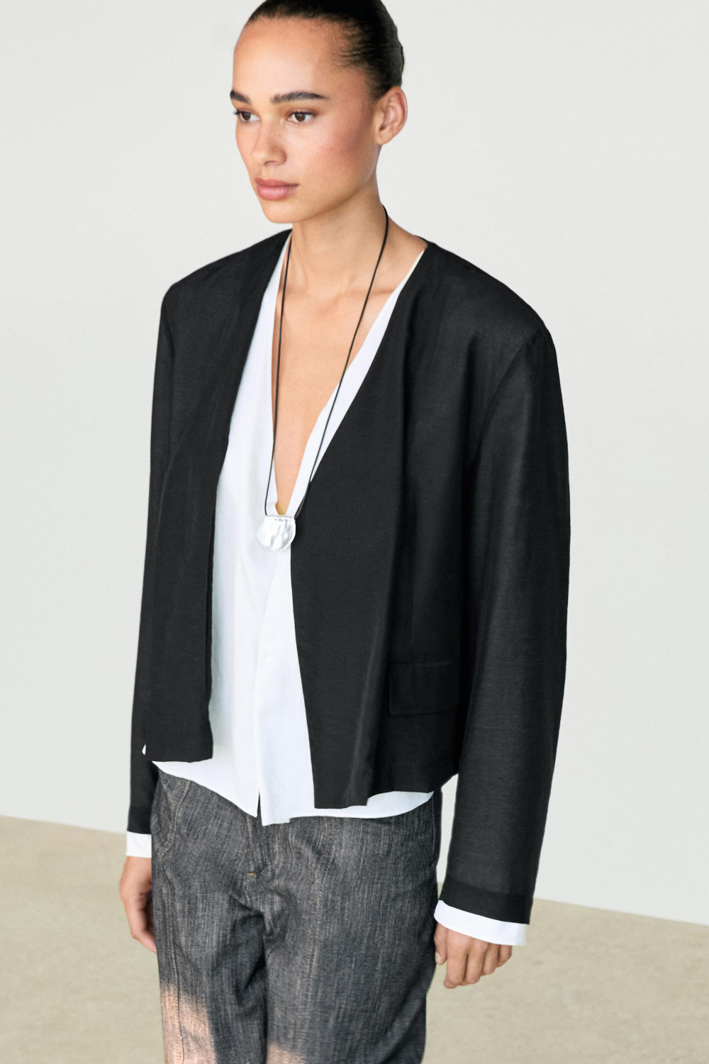 Massimo Dutti Двуслойный жакет с контрастными деталями, черный