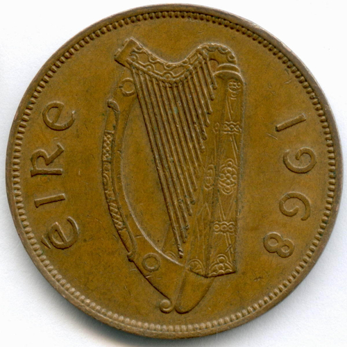 1 пенни 1968 год. Ирландия. Курица. Бронза, диаметр 30.9 мм. XF