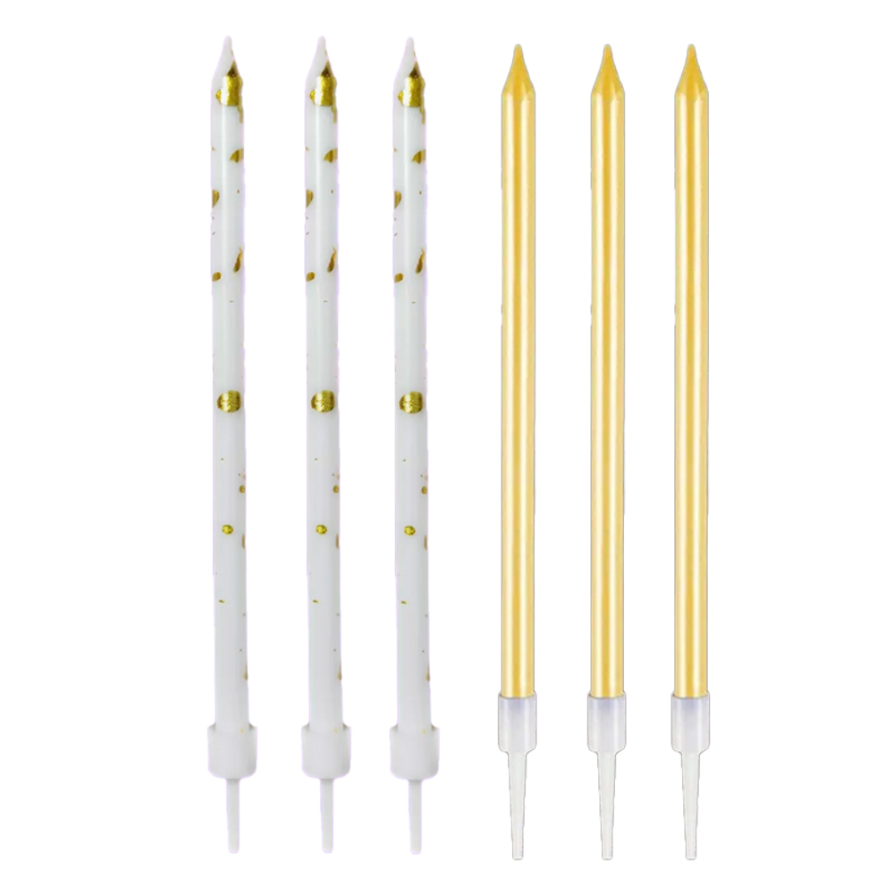 Свечи тортово-коктейльные Белые с золотом микс с держателями