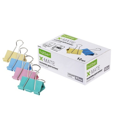 Набор Зажимы для бумаг Hatber X-Mate, 41 мм, ассорти, металл, 12 шт