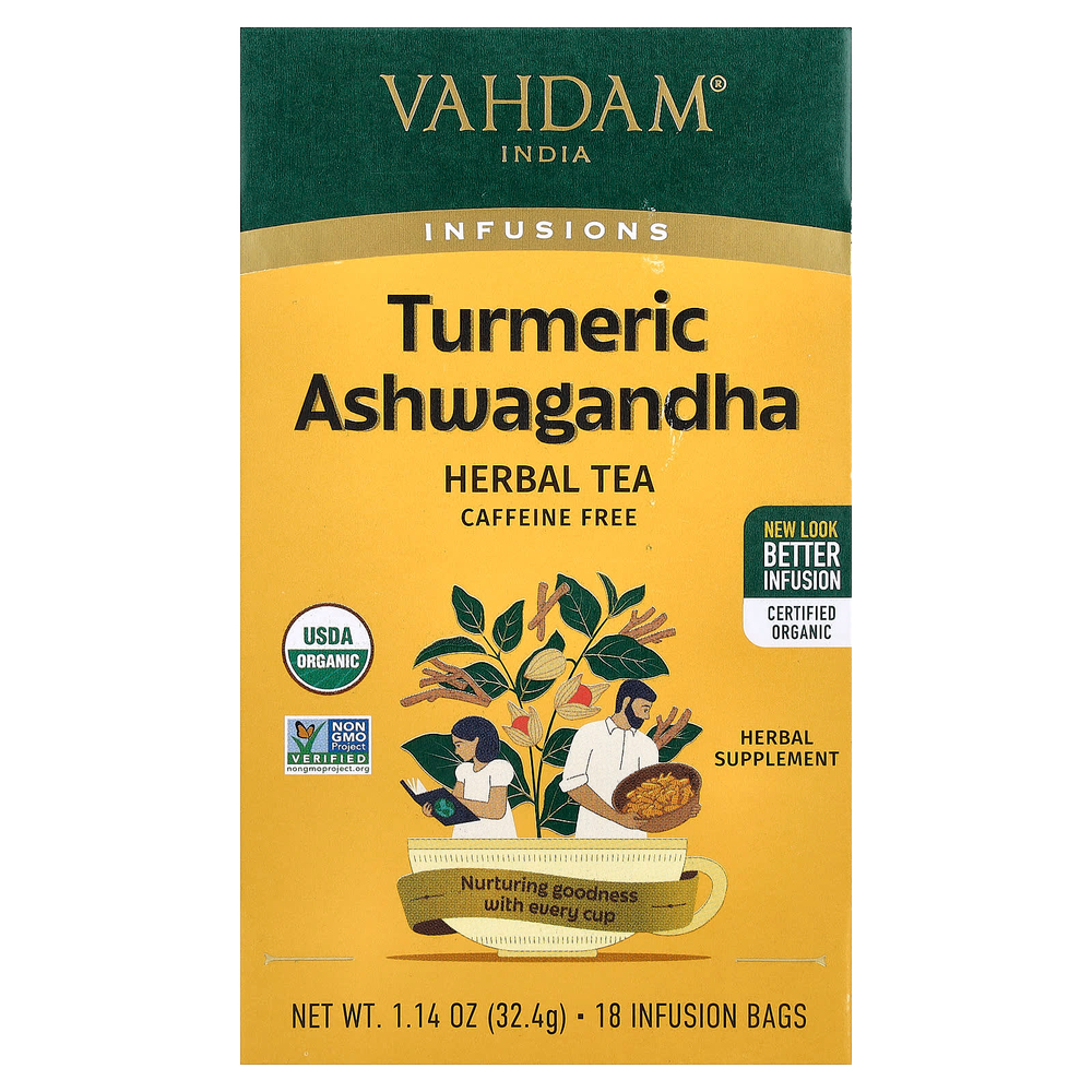 VAHDAM India, Infusions, травяной чай, ашваганда с куркумой, без кофеина, 18 пакетиков для заваривания, 32,4 г (1,14 унции)