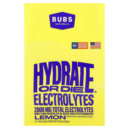 BUBS Naturals, Hydrate or Die®, смесь для приготовления электролитического напитка, со вкусом лимона, 20 пакетиков по 12,1 г (0,43 унции)