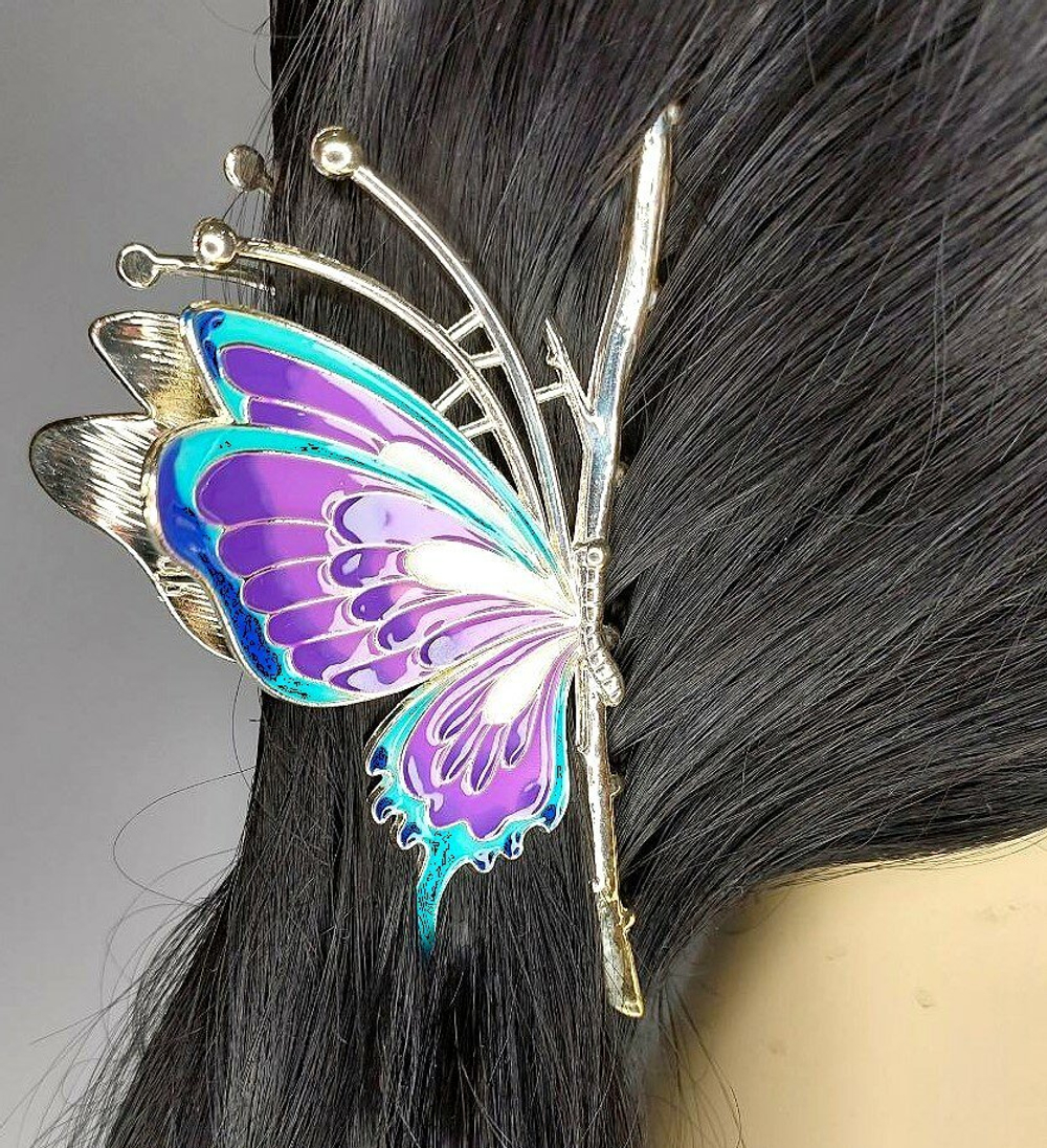 Заколка-краб "Бабочка" со стразами.Разноцветная. Синяя .Усиленная.