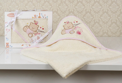 Детское полотенце-уголок медведь 90х90 молочный