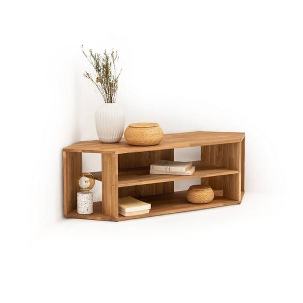 Тумба под телевизор угловая Эдгар 114х39.5х35 см деревянная с полками дизайнерская / Тумба под тв из массива дуба, натуральный дуб